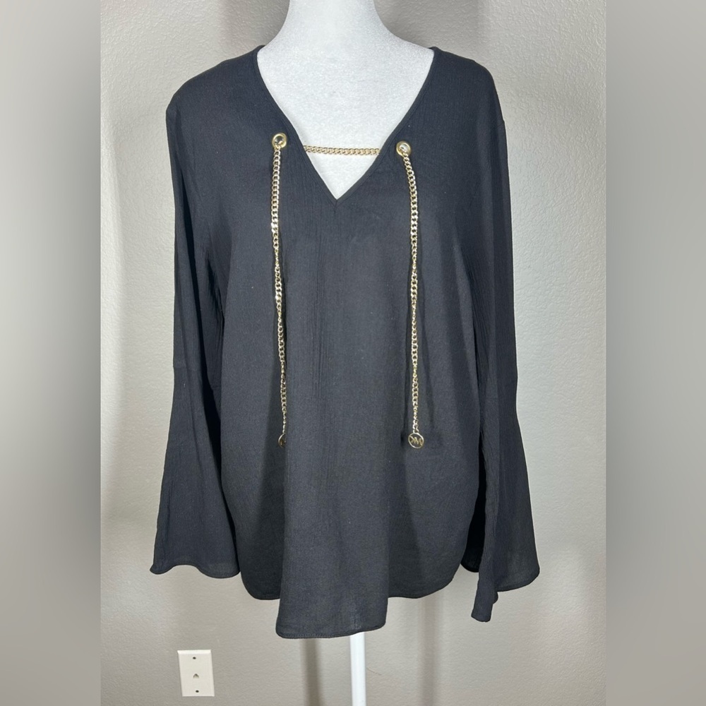 Women’s Michaels Black Blouse With Gold Chain Accent Embellishment Size L - Picture 2 of 11